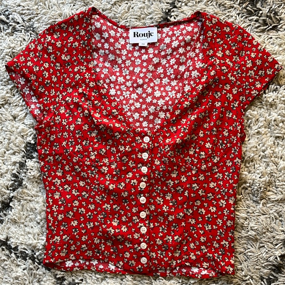 NWOT Rouje Paris red floral button up blouse 34/S